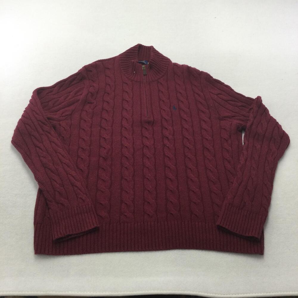 Polo Ralph Lauren Sweater Mens Large Red Cable Knit 1/4 Zip Mock Neck Logo